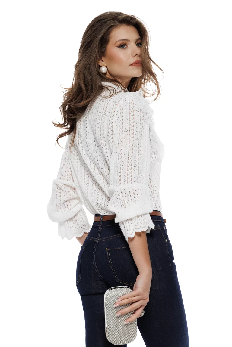 Bluza dama eleganta alba din dantela catifelata cu jabou in V dantelat cu aplicatii de cristale maxi picture - 2