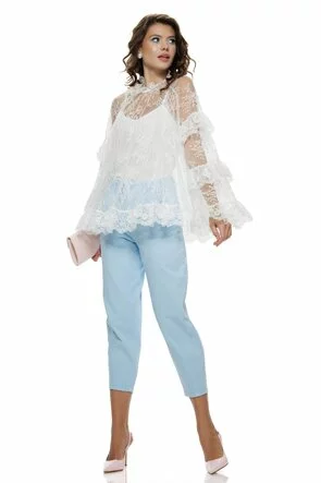 Bluza dama eleganta alba din dantela premium cu volane si maiou