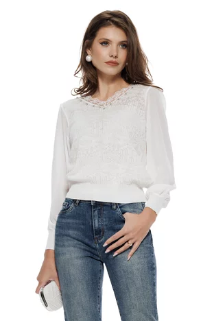 Bluza dama eleganta alba din tricot fin cu anchior dantelat maneci de voal aplicatii de perle si strasuri