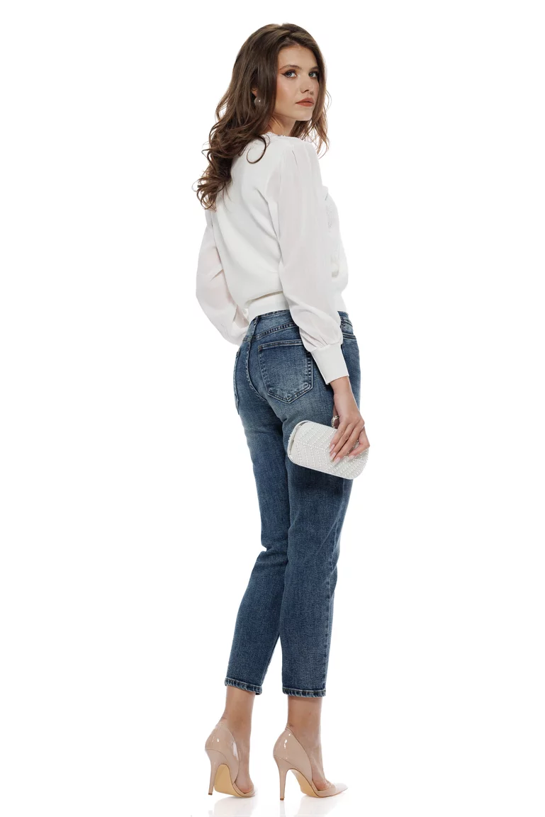 Bluza dama eleganta alba din tricot fin cu anchior dantelat maneci de voal aplicatii de perle si strasuri picture - 3