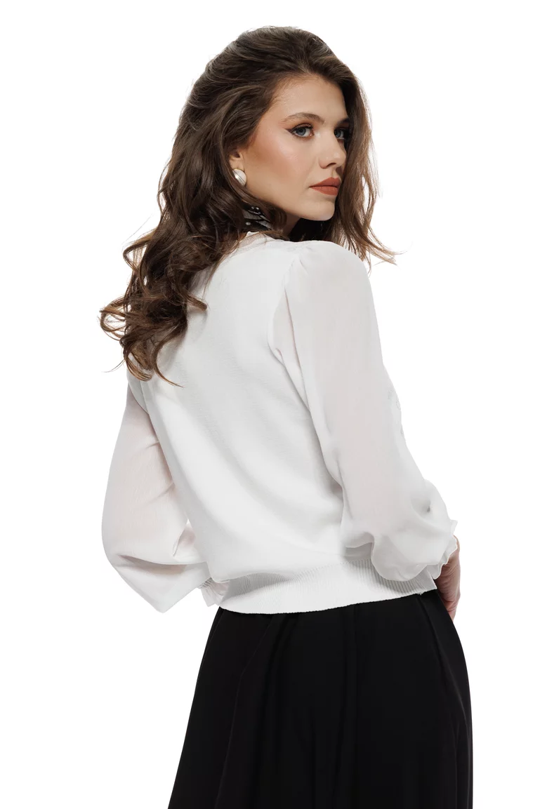 Bluza dama eleganta alba din tricot fin cu maneci de voal jabou fin dantelat cu perle si cristale picture - 2