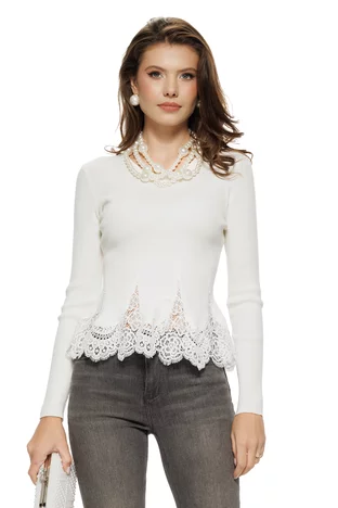 Bluza dama eleganta alba din tricot premium cu peplum dantelat