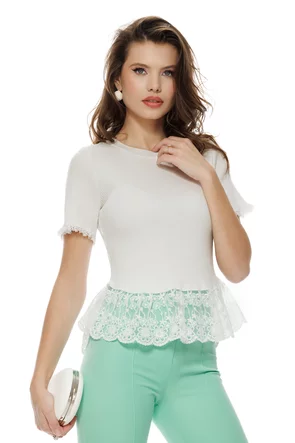 Bluza dama eleganta alba din vascoza premium cu peplum din dantela