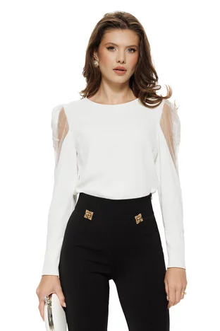 Bluza dama eleganta alba Fofy din voal cu tull pe maneci si broderie de margele