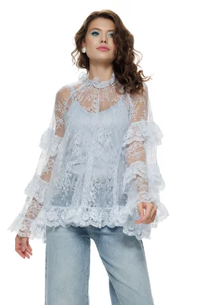 Bluza dama eleganta baby blue din dantela premium cu volane si maiou
