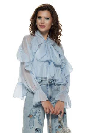 Bluza dama eleganta baby blue din organza premium cu volane funda si maiou