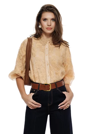 Bluza dama eleganta bej din organza brodata si guler crosetat