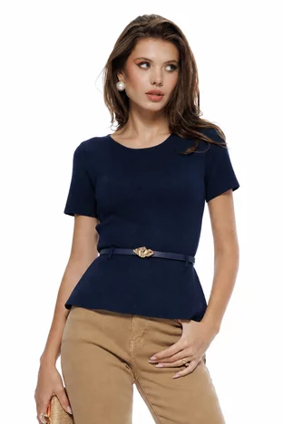 Bluza dama eleganta bleumarin cu peplum din tricot premium curea si catarama aurie