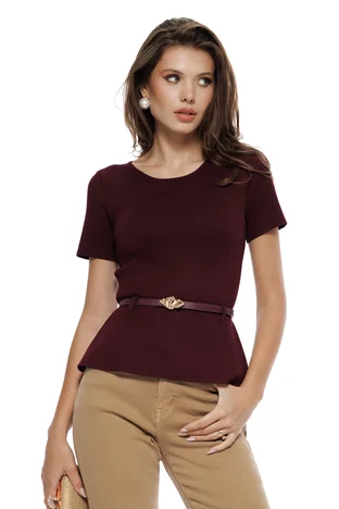Bluza dama eleganta bordo cu peplum din tricot premium bordo curea si catarama aurie