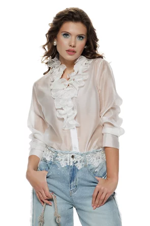 Bluza dama eleganta cloud dancer din matase de tencel cu jabou involanat