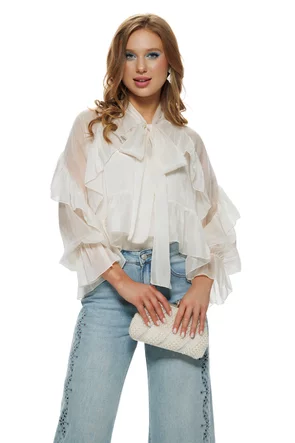 Bluza dama eleganta cloud dancer din organza premium cu volane funda si maiou