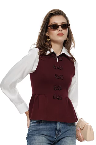 Bluza dama eleganta cu peplum din tricot premium bordo guler tunica si brandemburguri brodate