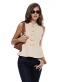Bluza dama eleganta cu peplum din tricot premium crem guler tunica si brandemburguri brodate picture - 1