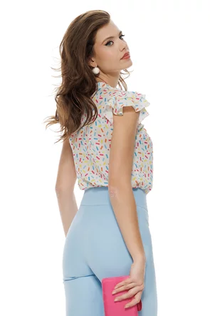 Bluză  Fofy dama eleganta de vara din voal alb cu imprimeu multicolor