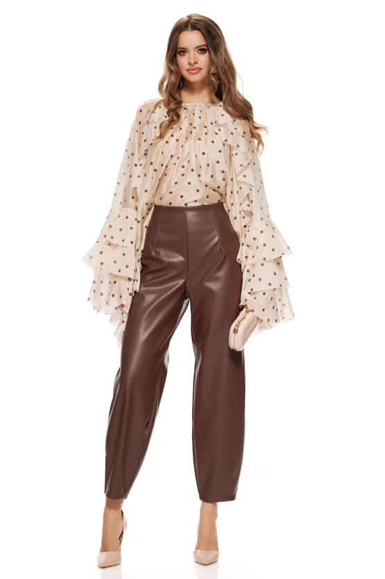 Bluza dama eleganta  din matase de tencel bej cu buline si volane diafane picture - 3