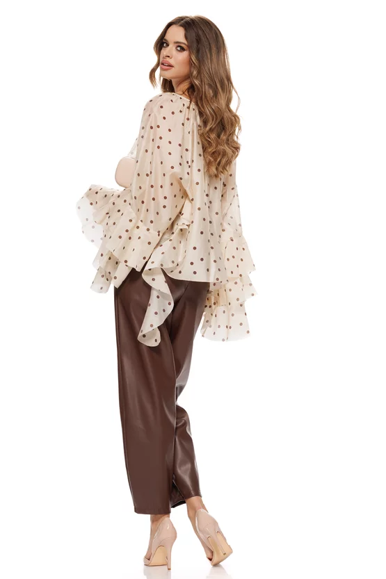 Bluza dama eleganta  din matase de tencel bej cu buline si volane diafane picture - 2