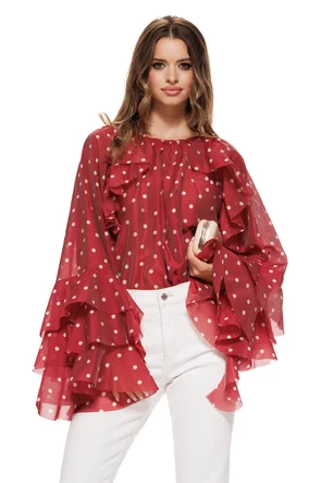 Bluza dama eleganta din matase de tencel bordo cu buline si volane diafane