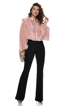 Bluza dama eleganta din matase de tencel roz cu buline umeri stucturati si talie pe elastic