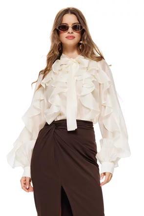 Bluza dama eleganta din matase din tencel crem cu volane romantice si funda