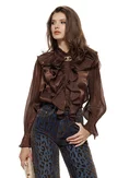 Bluza dama eleganta din organza lichida ciocolatie cu jabou si brosa detasabila picture - 1