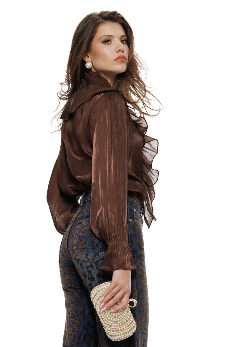 Bluza dama eleganta din organza lichida ciocolatie cu jabou si brosa detasabila picture - 2