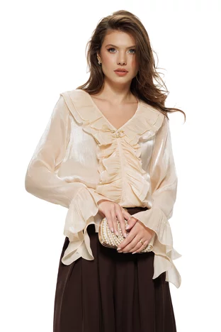Bluza dama eleganta din organza lichida crem cu jabou in V si brosa detasabila