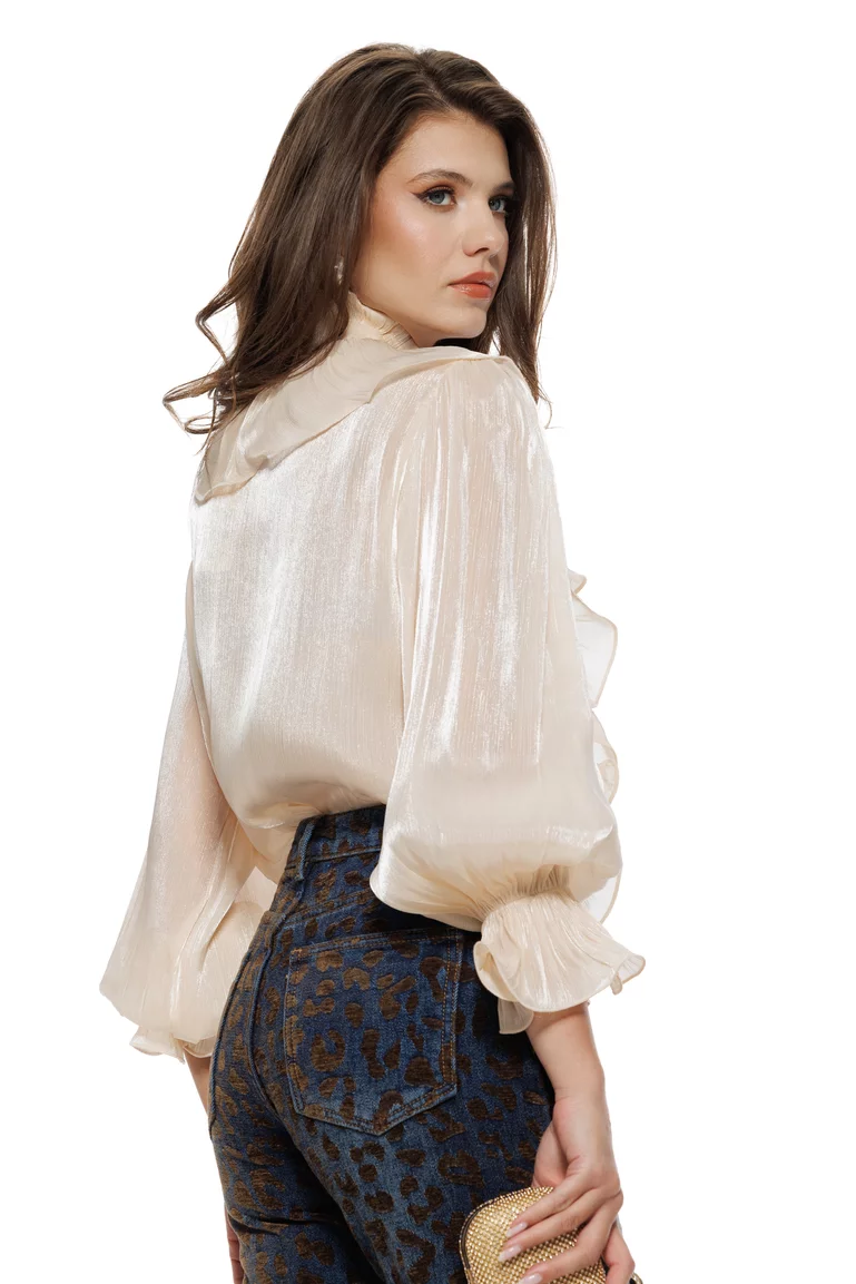 Bluza dama eleganta din organza lichida crem cu jabou si brosa detasabila picture - 2