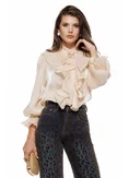 Bluza dama eleganta din organza lichida crem cu jabou si brosa detasabila picture - 1