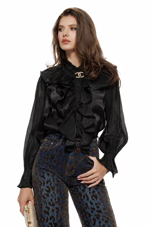 Bluza dama eleganta din organza lichida neagra cu jabou si brosa detasabila