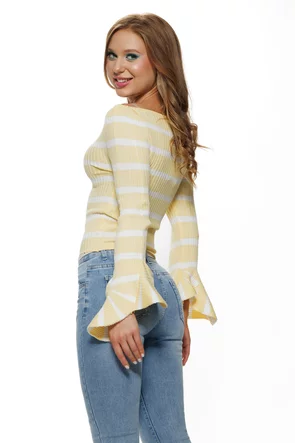 Bluza dama eleganta din tricot cu dungi galben premium cu maneca clopotel plisat