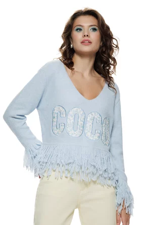 Bluza dama eleganta din tricot premium baby blue cu broderie cu floricele si franjuri