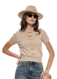 Bluza dama eleganta din tricot premium bej guler tunica si brandemburguri brodate picture - 1
