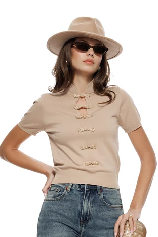 Bluza dama eleganta din tricot premium bej guler tunica si brandemburguri brodate