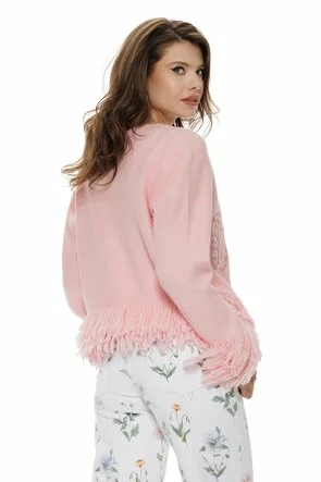 Bluza dama eleganta din tricot premium roz cu broderie cu floricele si franjuri