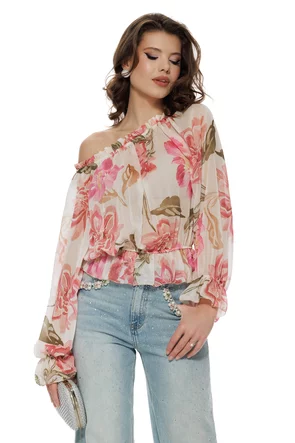 Bluza dama eleganta din voal diafan cu imprimeu floral cu talie si decolteu pe elastic
