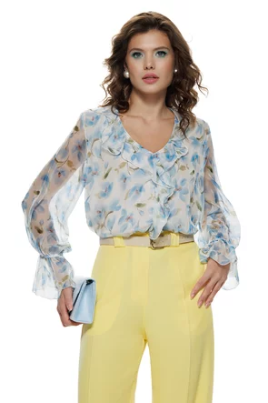 Bluza dama eleganta din voal matasos cu imprimeu floral baby blue si jabou