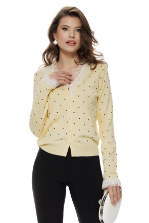Bluza dama eleganta galben cu buline din vascoza premium cu contururi din dantela si nasturi perla