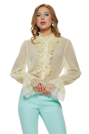 Bluza dama eleganta galbena premium cu jabou si volane din dantela