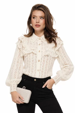 Bluza dama eleganta ivoire din dantela catifelata cu guler brodat si volane din dantela premium