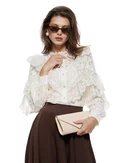 Bluza dama eleganta ivoire din dantela catifelata cu jabou amplu dantelat si nasturi perla picture - 1