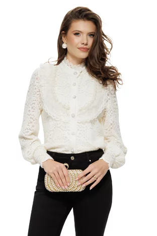 Bluza dama eleganta ivoire din dantela catifelata cu jabou dantelat conturat cu perle