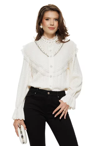 Bluza dama eleganta ivoire din dantela catifelata cu jabou in V dantelat cu aplicatii de cristale maxi