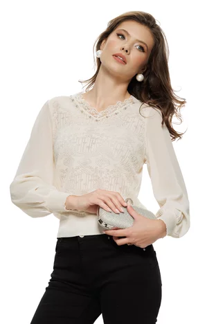 Bluza dama eleganta ivoire din tricot fin cu anchior dantelat maneci de voal aplicatii de perle si strasuri