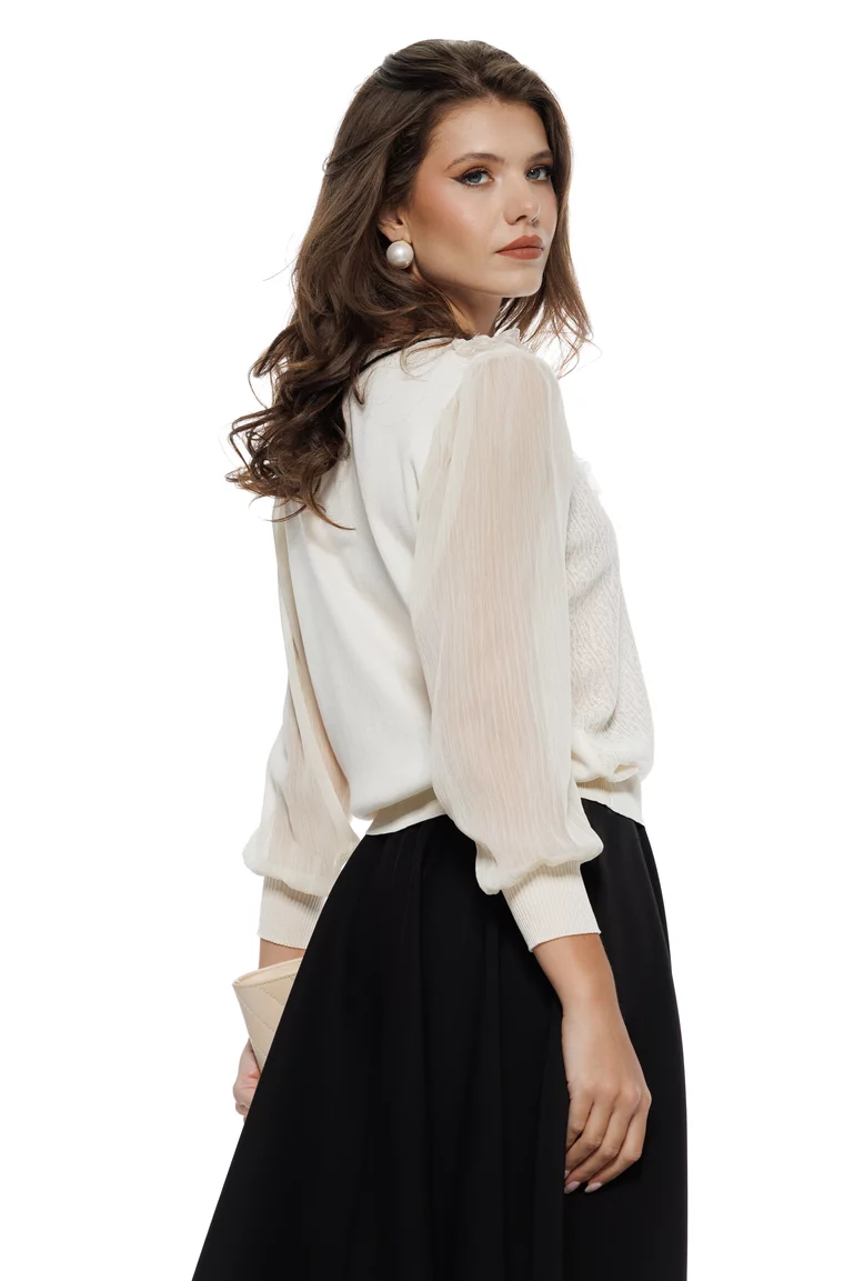 Bluza dama eleganta ivoire din tricot fin cu maneci de voal aplicatii de dantela nasturi perla si fundinta in contrast picture - 2