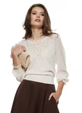Bluza dama eleganta ivoire din tricot fin cu maneci de voal jabou fin dantelat cu perle si cristale picture - 1