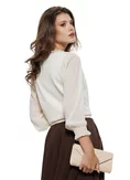 Bluza dama eleganta ivoire din tricot fin cu maneci de voal jabou fin dantelat cu perle si cristale picture - 2