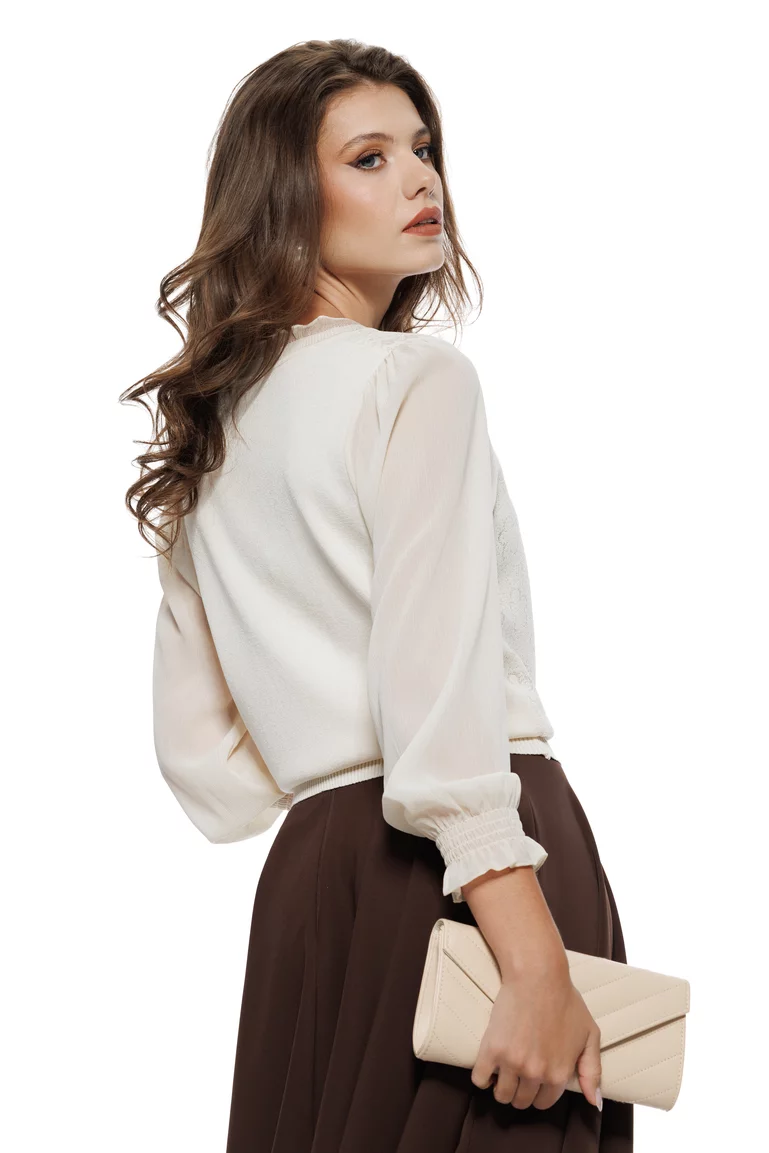Bluza dama eleganta ivoire din tricot fin cu maneci de voal jabou fin dantelat cu perle si cristale picture - 2