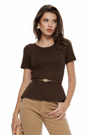 Bluza dama eleganta maro cu peplum din tricot premium curea si catarama aurie