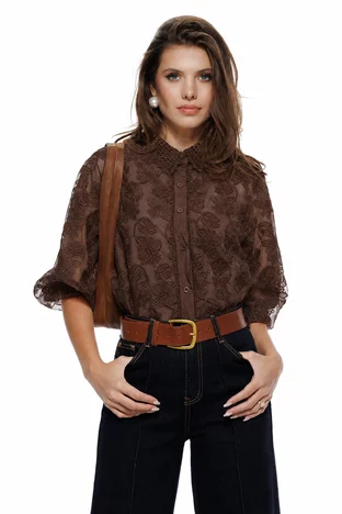 Bluza dama eleganta maro din organza brodata si guler crosetat