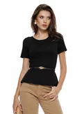 Bluza dama eleganta neagra cu peplum din tricot premium bordo curea si catarama aurie picture - 1